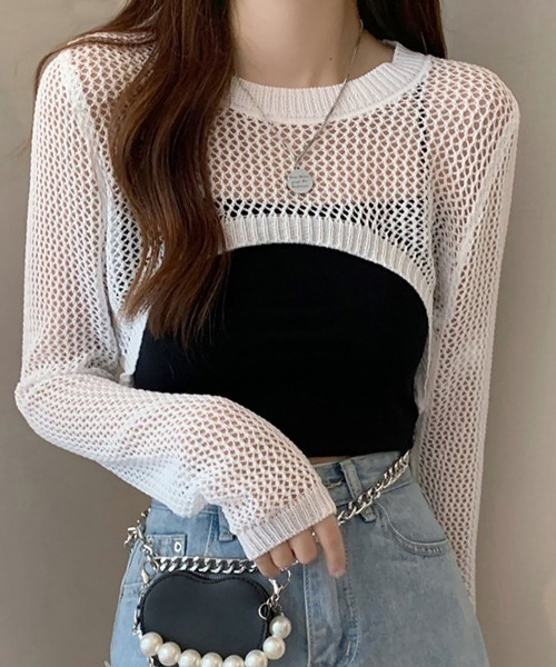 Miniministore(ミニミニストア)の「メッシュ編み ニットトップス ショート丈(ニット/セーター・レディース・ベージュ/モカ/ブラック/ホワイト・FREE)」の8枚目の写真
