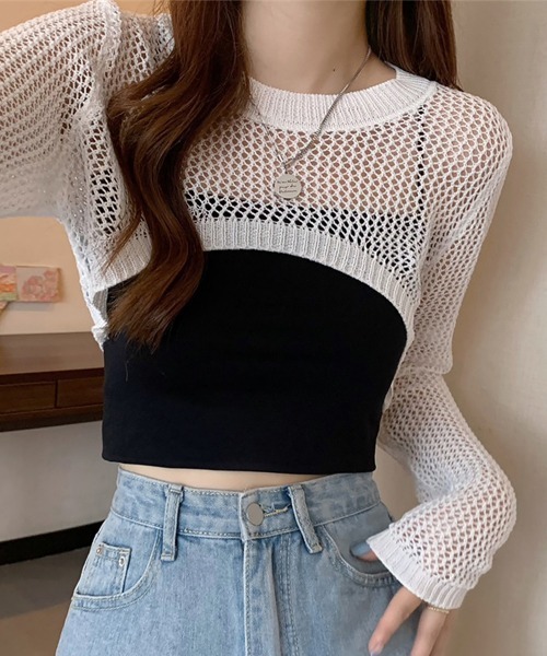 Miniministore(ミニミニストア)の「メッシュ編み ニットトップス ショート丈(ニット/セーター・レディース・ベージュ/モカ/ブラック/ホワイト・FREE)」の9枚目の写真