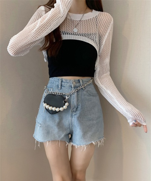 Miniministore(ミニミニストア)の「メッシュ編み ニットトップス ショート丈(ニット/セーター・レディース・ベージュ/モカ/ブラック/ホワイト・FREE)」の10枚目の写真