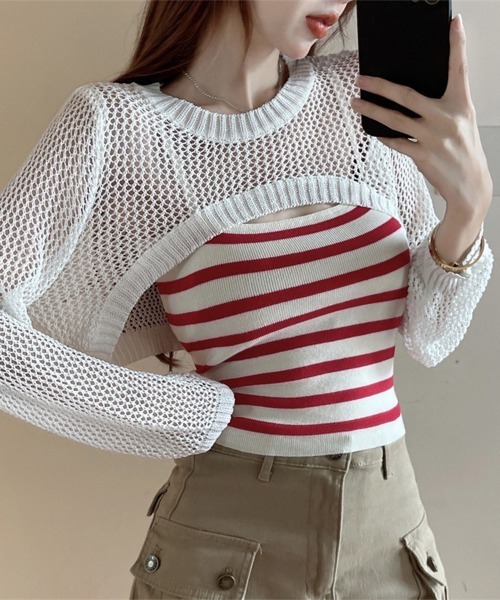 Miniministore(ミニミニストア)の「メッシュ編み ニットトップス ショート丈(ニット/セーター・レディース・ベージュ/モカ/ブラック/ホワイト・FREE)」の12枚目の写真