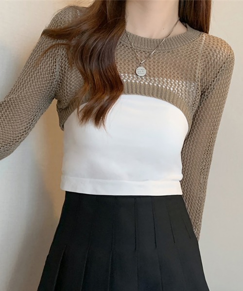 Miniministore(ミニミニストア)の「メッシュ編み ニットトップス ショート丈(ニット/セーター・レディース・ベージュ/モカ/ブラック/ホワイト・FREE)」の16枚目の写真
