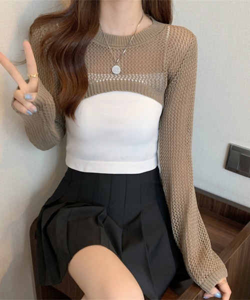 Miniministore(ミニミニストア)の「メッシュ編み ニットトップス ショート丈(ニット/セーター・レディース・ベージュ/モカ/ブラック/ホワイト・FREE)」の17枚目の写真