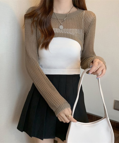 Miniministore(ミニミニストア)の「メッシュ編み ニットトップス ショート丈(ニット/セーター・レディース・ベージュ/モカ/ブラック/ホワイト・FREE)」の18枚目の写真
