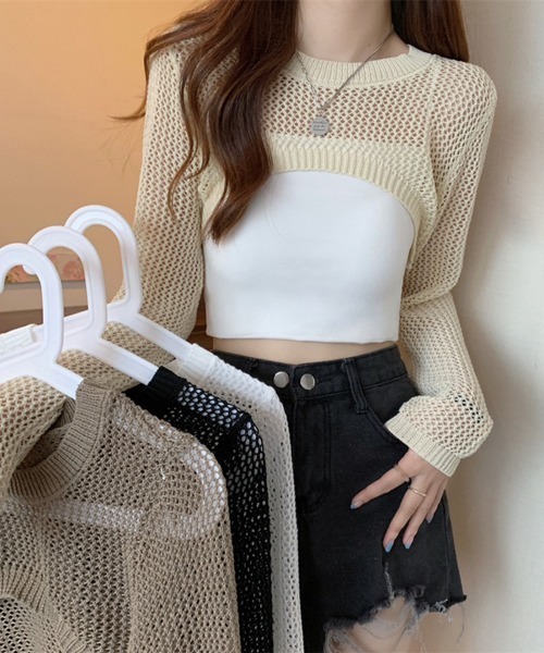 Miniministore(ミニミニストア)の「メッシュ編み ニットトップス ショート丈(ニット/セーター・レディース・ベージュ/モカ/ブラック/ホワイト・FREE)」の19枚目の写真