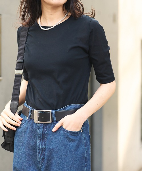 RIVE DROITE（リヴドロワ）の「MONN.:.(モン)/ゴブソデクルーTee（Tシャツ/カットソー・レディース・ブラック/オフホワイト/ブラウン・FREE）」の2枚目の写真