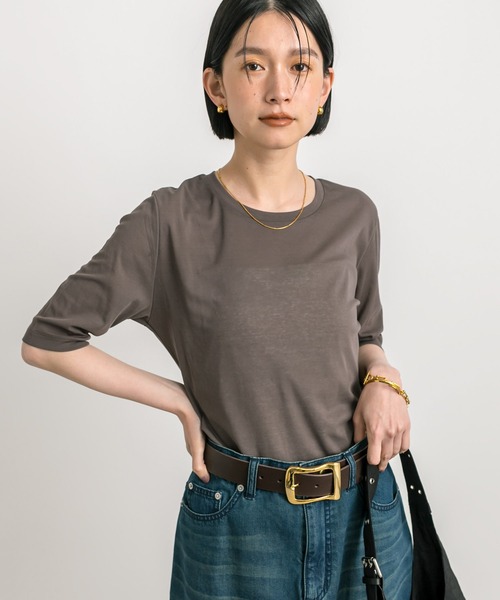 RIVE DROITE（リヴドロワ）の「MONN.:.(モン)/ゴブソデクルーTee（Tシャツ/カットソー・レディース・ブラック/オフホワイト/ブラウン・FREE）」の22枚目の写真