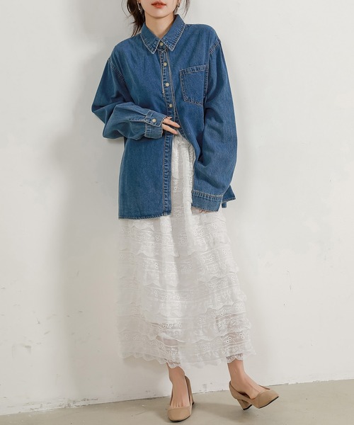 セール】レディース レース刺繍のティアードロングスカート