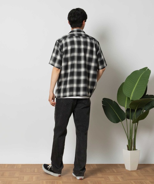 バックナンバー半袖シャツ開襟オンブレチェックレーヨンシャドーグランジ短丈青L BACK NUMBER(バックナンバー)開襟オンブレ半袖シャツ