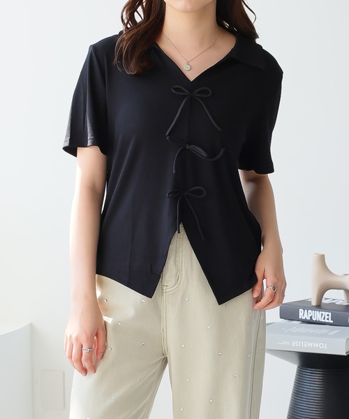 Girly Doll（ガーリードール）の「フロントリボンスキッパーカットソー（Tシャツ/カットソー・レディース・ブラック/ブルー/ベージュ/ピンク・L/M）」の6枚目の写真