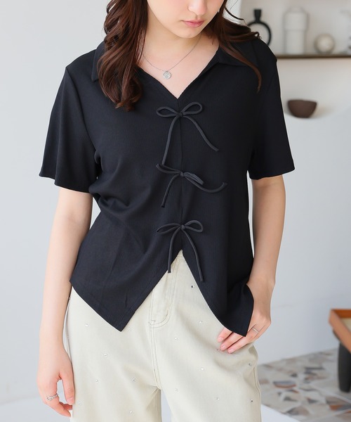 Girly Doll（ガーリードール）の「フロントリボンスキッパーカットソー（Tシャツ/カットソー・レディース・ブラック/ブルー/ベージュ/ピンク・L/M）」の7枚目の写真
