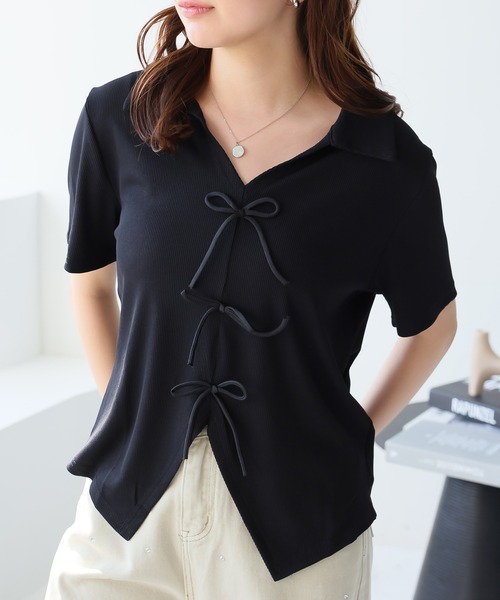 Girly Doll（ガーリードール）の「フロントリボンスキッパーカットソー（Tシャツ/カットソー・レディース・ブラック/ブルー/ベージュ/ピンク・L/M）」の5枚目の写真