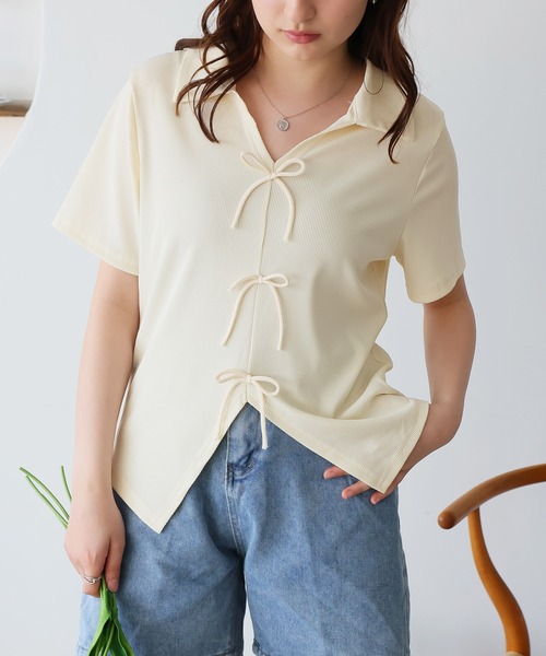 Girly Doll（ガーリードール）の「フロントリボンスキッパーカットソー（Tシャツ/カットソー・レディース・ブラック/ブルー/ベージュ/ピンク・L/M）」の9枚目の写真
