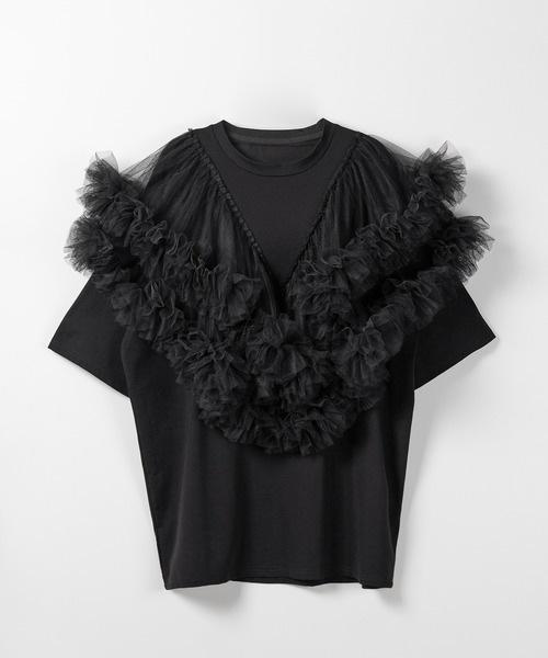 tシャツ 「 ２color 」V字フリルボリュームチュールドッキングトップス ／ V frill volume tulle docking top me+em select tシャツ 「 2color 」V字フリルボリューム