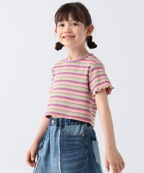 【値下げ】リミフゥLIMIfeuボーダー7部丈Tシャツ セール】ショート丈リブボーダーTシャツ（Tシャツ/カットソー