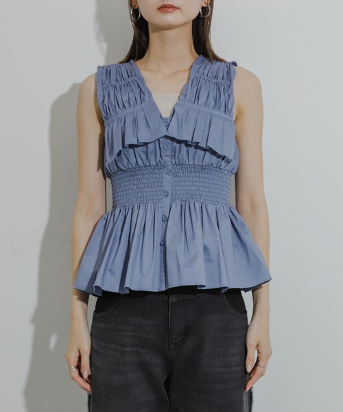 HEYUMM（ヘユム）の「フリルシャーリングペプラムトップ（シャツ/ブラウス・レディース・ブラック/ブルー/ブラウン・ONE）」の16枚目の写真