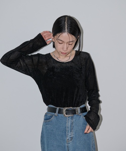 Shelly island（シェリーアイランド）の「シアーベロアクルーネックプルオーバー（Tシャツ/カットソー・レディース・ブラック/ブラウン/ホワイト/グレー・FREE）」の6枚目の写真