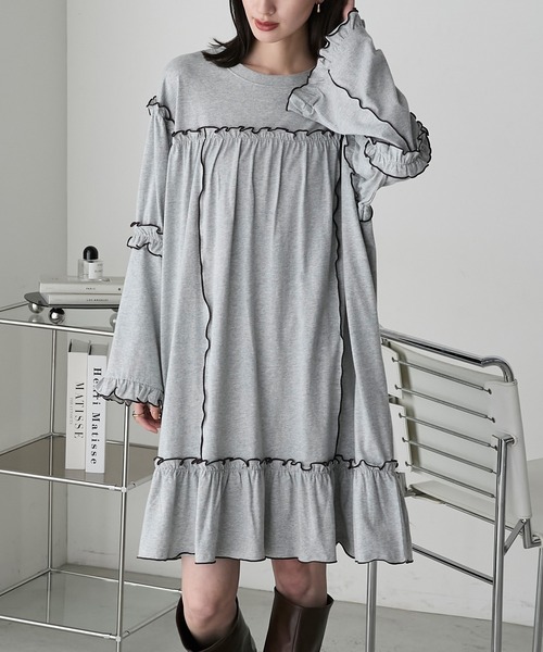 セール】【forksy.】フレアスリーブフリルメローオーバーサイズロングT