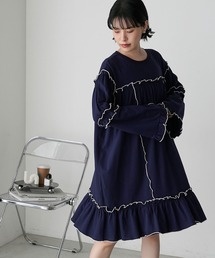 【forksy.】フレアスリーブフリルメローオーバーサイズロングTシャツネイビー