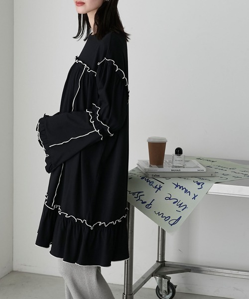 forksy.（フォルクシー）の「【forksy.】フレアスリーブフリルメローオーバーサイズロングTシャツ（ワンピース・レディース・オフホワイト/杢グレー/ブラック/ネイビー・FREE）」の22枚目の写真