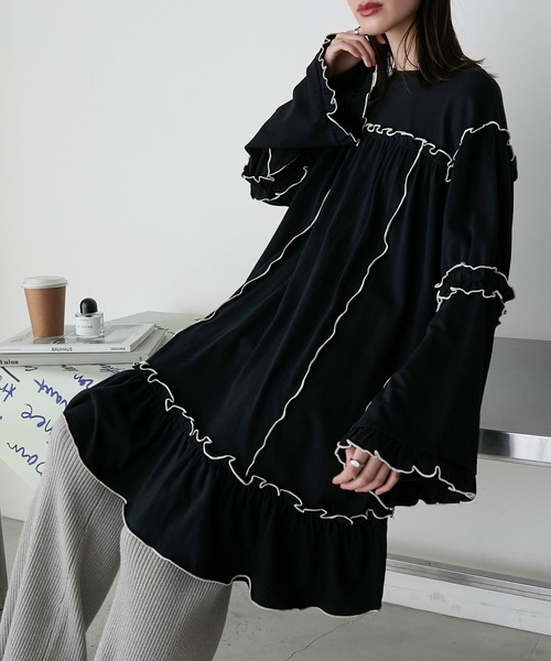 セール】【forksy.】フレアスリーブフリルメローオーバーサイズロングT