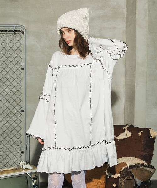 美品 PROVOKE プロヴォーク  furi-furi long Tee フリル ロングスリーブ Tシャツ カットソー F ホワイト レディース 古着 中古 PROVOKE 美品 プロヴォーク furi-furi long Tee フリル ロング