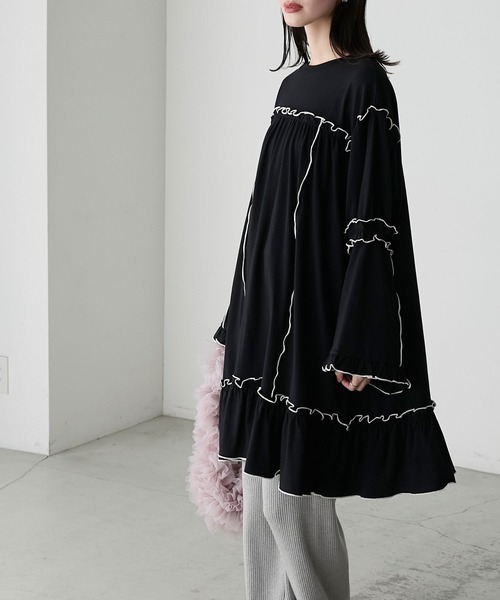 セール】【forksy.】フレアスリーブフリルメローオーバーサイズロングT