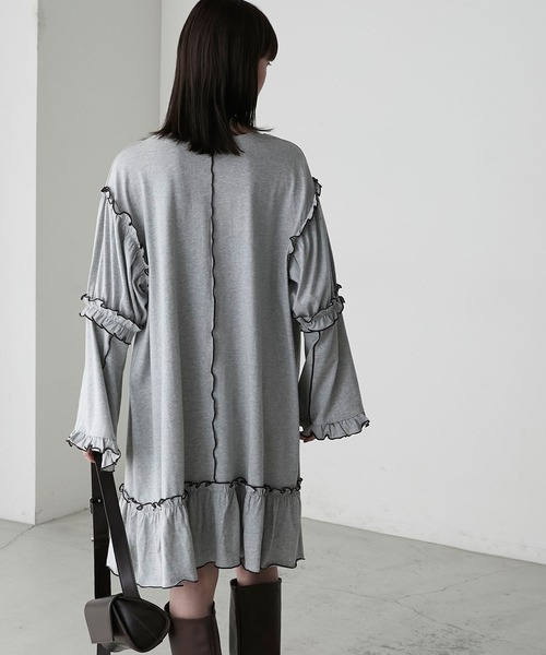 forksy.】フレアスリーブフリルメローオーバーサイズロングTシャツ