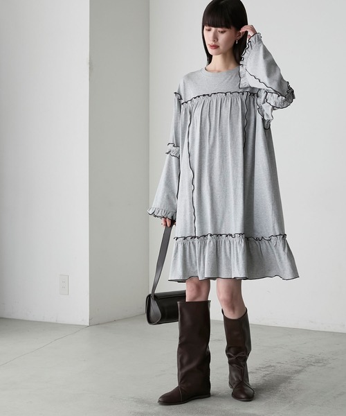 セール】【forksy.】フレアスリーブフリルメローオーバーサイズロングT