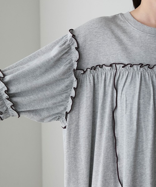 セール】【forksy.】フレアスリーブフリルメローオーバーサイズロングT