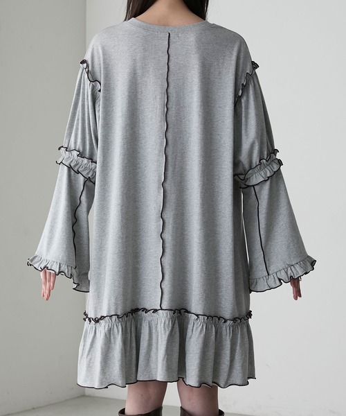 forksy.】フレアスリーブフリルメローオーバーサイズロングTシャツ