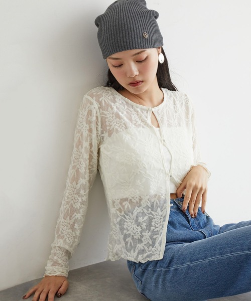 VIS（ビス）の「【前後2WAY】カットジャガードカーディガン【洗える】（カーディガン/ボレロ・レディース・ブラック/オフホワイト・FREE）」の2枚目の写真