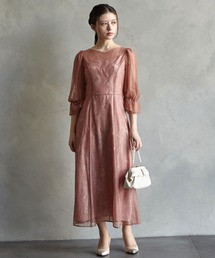 グリッターレース袖付きフィット&フレアパーティードレス 結婚式 お呼ばれ ドレス 20代 30代