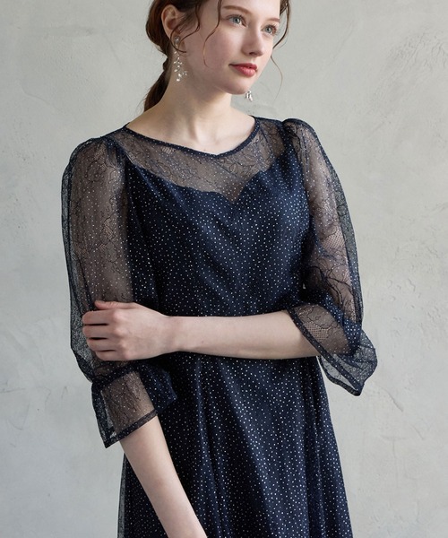 【美品】AIMER グリッター レース付き パーティードレス グリッターレース袖付きフィット&フレアパーティードレス 結婚式