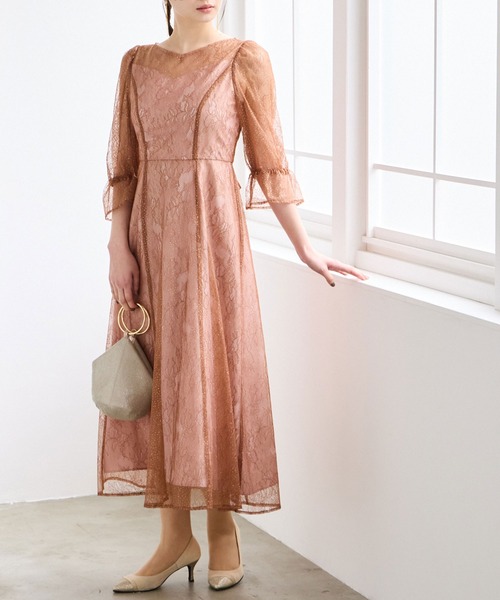 【美品】AIMER グリッター レース付き パーティードレス AIMER ドレス グリッターレース袖付きフィット＆フレア