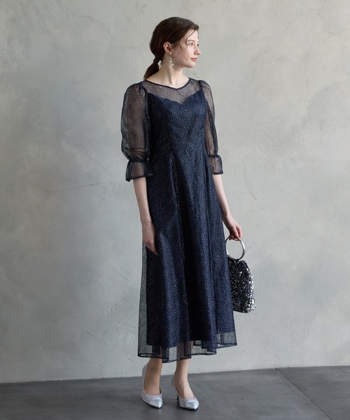 グリッターレース袖付きフィット&フレアパーティードレス 結婚式