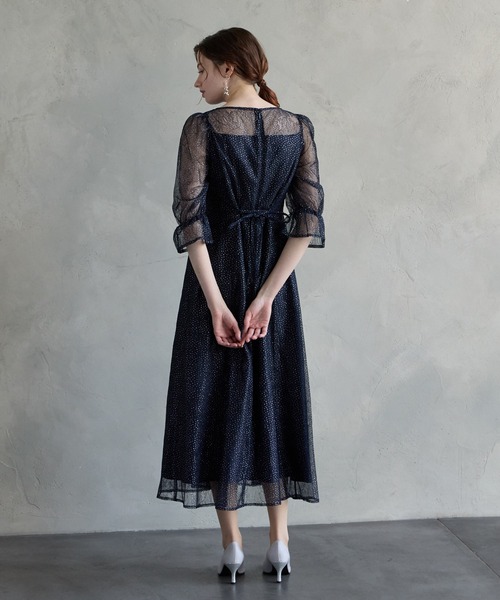 グリッターレース袖付きフィット&フレアパーティードレス 結婚式