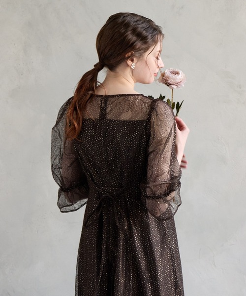 グリッターレース袖付きフィット&フレアパーティードレス 結婚式