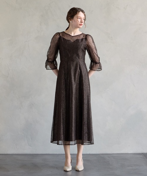 【美品】AIMER グリッター レース付き パーティードレス グリッターレース袖付きフィット&フレアパーティードレス 結婚式