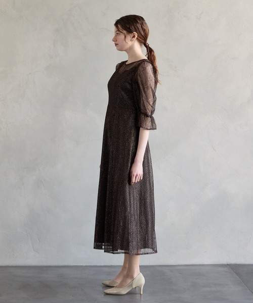 グリッターレース袖付きフィット&フレアパーティードレス 結婚式