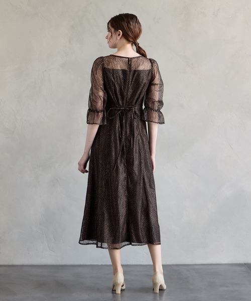 グリッターレース袖付きフィット&フレアパーティードレス 結婚式