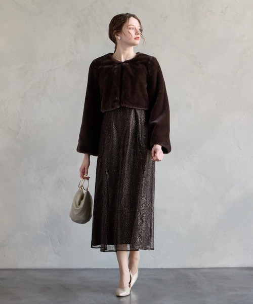 グリッターレース袖付きフィット&フレアパーティードレス 結婚式