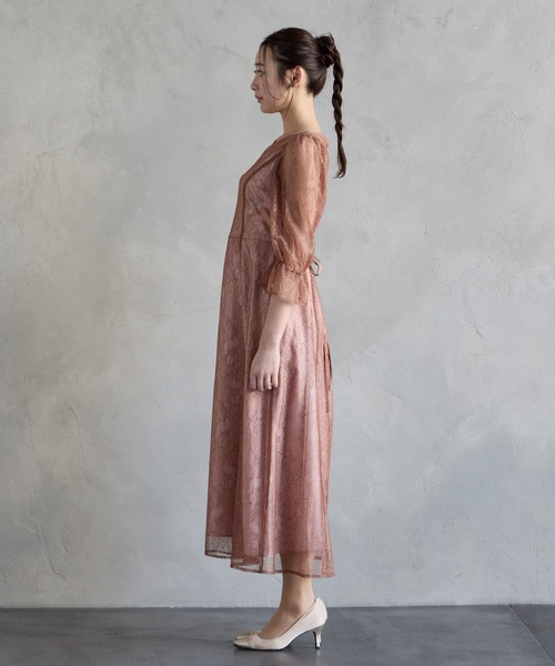 グリッターレース袖付きフィット&フレアパーティードレス 結婚式