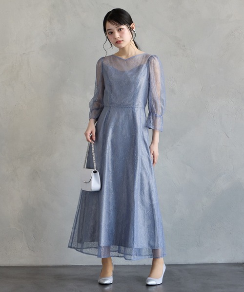 セール】グリッターレース袖付きフィット&フレアパーティードレス 結婚