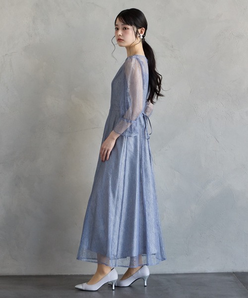 セール】グリッターレース袖付きフィット&フレアパーティードレス 結婚