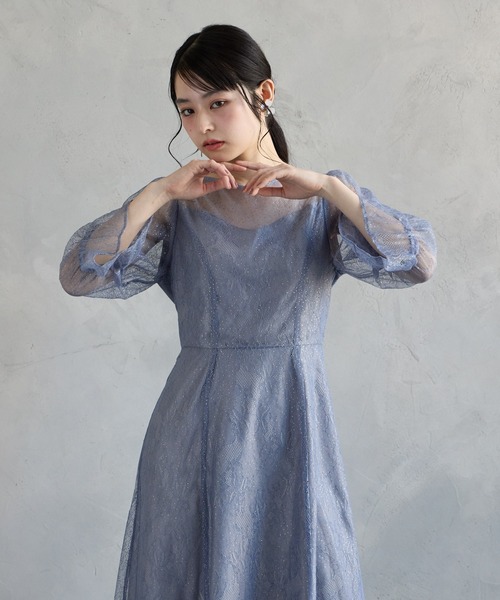 セール】グリッターレース袖付きフィット&フレアパーティードレス 結婚