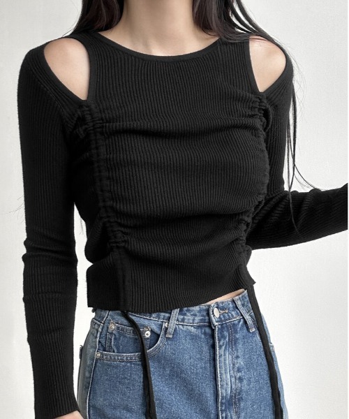 gossip!ロサンゼルス(ゴシップロサンゼルス)の「Y2K カットアウトシャーリングリボンリブニットトップス(Tシャツ/カットソー・レディース・ブラック/パープル/ベージュ/オフホワイト・FREE)」の8枚目の写真