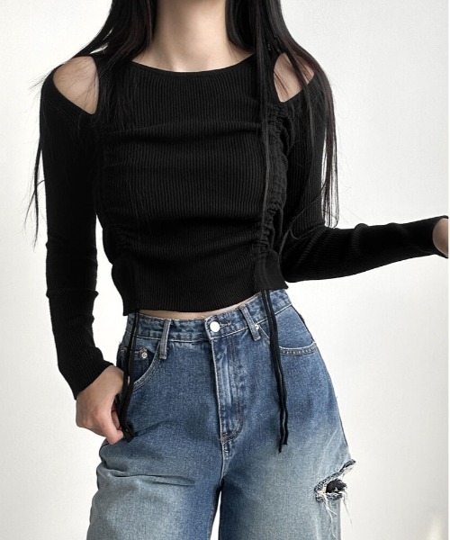 gossip!ロサンゼルス(ゴシップロサンゼルス)の「Y2K カットアウトシャーリングリボンリブニットトップス(Tシャツ/カットソー・レディース・ブラック/パープル/ベージュ/オフホワイト・FREE)」の9枚目の写真