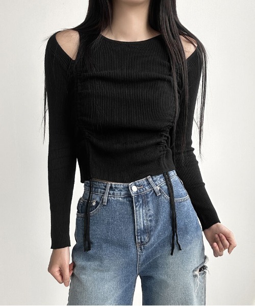 gossip!ロサンゼルス(ゴシップロサンゼルス)の「Y2K カットアウトシャーリングリボンリブニットトップス(Tシャツ/カットソー・レディース・ブラック/パープル/ベージュ/オフホワイト・FREE)」の10枚目の写真