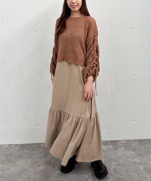 ラメ透かしドロストニット×ティアードキャミワンピースＳＥＴ
