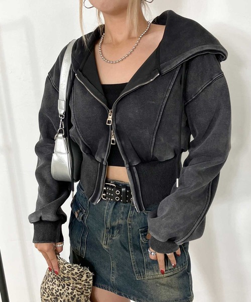 non-hedge（ノンヘッジ）の「ブリーチジップアップショート丈パーカー（パーカー・レディース・ブラック/グレー・FREE）」の15枚目の写真